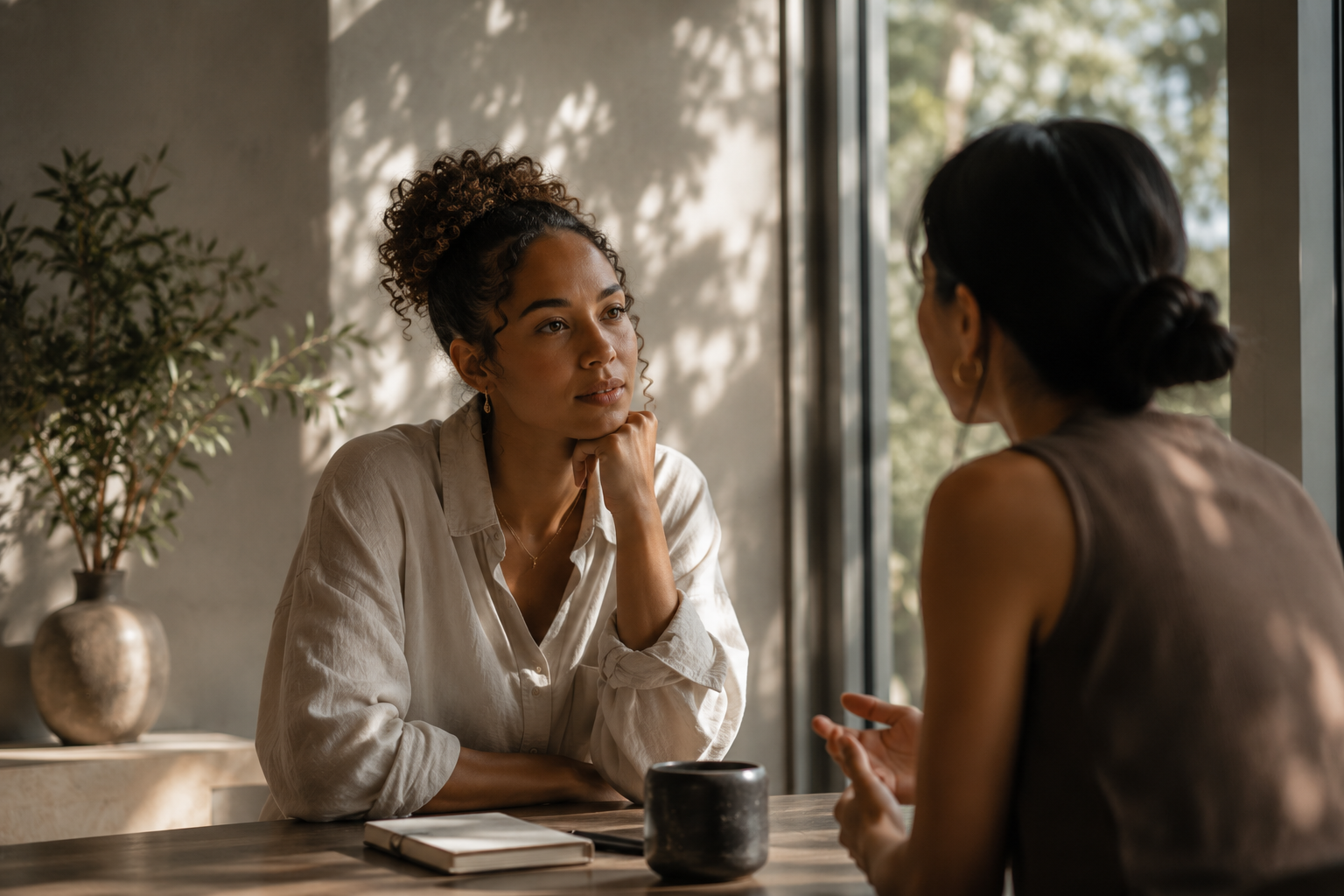 Two people in a thoughtful conversation
